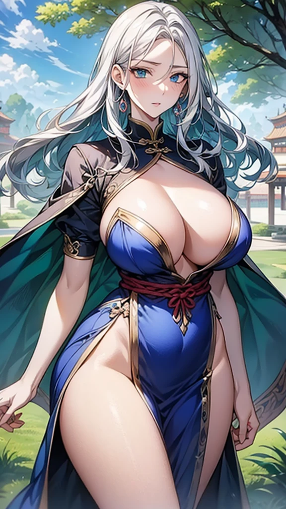 (art: 1.2), (best quality: 1.2) 1 woman, mature teenager, 185 cm tall, appeared to be around 25 years old, had long silver-white hair, hair parted in the middle, straight hair and sparkles tied to a green jade hairpin, piercing sapphire blue eyes, extremely detailed eyes, perfect eyes, extremely realistic eyes, well-aligned eyes, long eyelashes, anime style, extremely beautiful face, face that respects the viewer, delicate and mature face, full lips, mature , fair skin, natural body, SEXY BODY, milf body, with one hand holding her waist, perfect hands, detailed hands, hands well proportioned to the body, realistic hands, arms at the side, arms with good anatomy, she wore a ruby ​​arm dress with a Chinese style long skirt decorated in sapphire blue that still couldn't hide her extremely large and huge breasts that were hanging down due to her size, she was fully covered by paia, thick thighs fully covered, wide hips, looking at the viewer with a reserved facial expression is intelligent, background scene, in an oriental-style Chinese pavilion, posing alone, looking at the viewer, standing