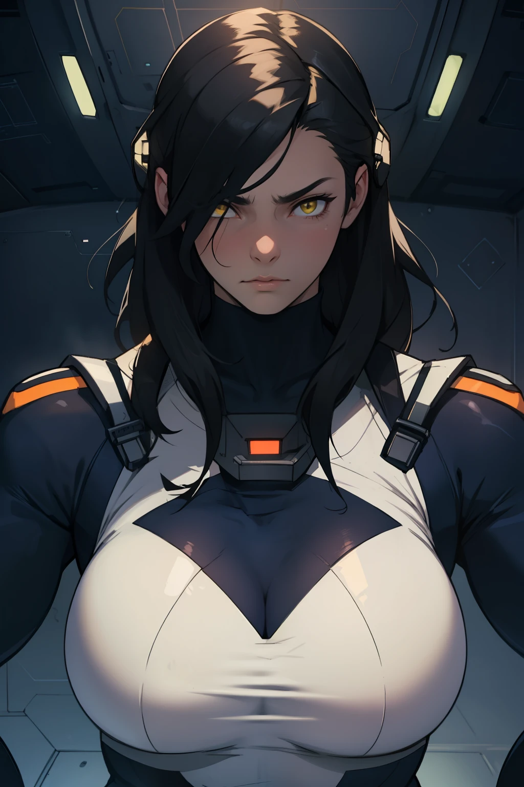 massive hair huge tits giant muscles expressionless sad girl black hair long hair yellow eyes pale skin extremely thick ((alien suit inside spaceship cockpit))