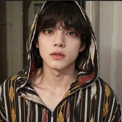 taehyung, BTS GROUP TAE! Um taehyung sentado na cadeira, with curly, brunette hair, pele branquinha, Ocean eyes, with hood on head, white, flawless skin, good quality.