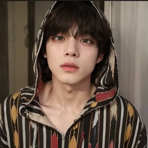 taehyung, BTS GROUP TAE! Um taehyung sentado na cadeira, with curly, brunette hair, pele branquinha, Ocean eyes, with hood on head, white, flawless skin, good quality.