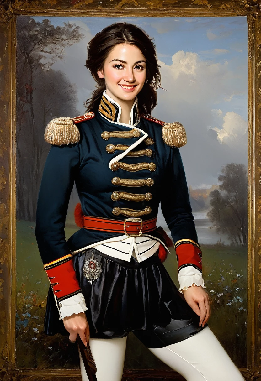 charming young pretty warrior, brunette, smiling slightly mysteriously over her shoulder, averting her eyes, russian hussar uniform, jacket: white leggings: boots, 1812, (Hans Vereik style!)), dark Renaissance, (fog, very worn gradient), ((palette/oil painting with palette knife)), ((masterpiece)), single shot, image quality: 1.2, maximum detail, perspective: 1.67, 8k