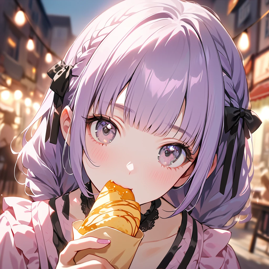 a masterpiece, beautiful eyes, a beautiful face, kawaii, light atmosphere, (Cute a girl:1.5), (a girl with closs hair pin,pale purple hair,wavy two braids,blunt bangs hair,green and black eyes,
pink shirt,cosplay, jirai kei, bangs, black bow, looking at viewer, bow, long sleeves, choker, ribbon,pink lips,portrait  shot :1.4),
(masterpiece:1.3), anime visual, (Lovey-dovey:1.5), (tilt head:1.3), extremely delicate face, soft clean focus, realistic lighting and shading, (an extremely delicate and beautiful art:1.3),Eating crepes and walking,,