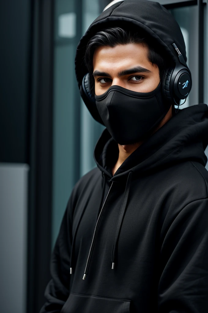 A hacker avatar wearing a black hoodie with headphones and a black mask