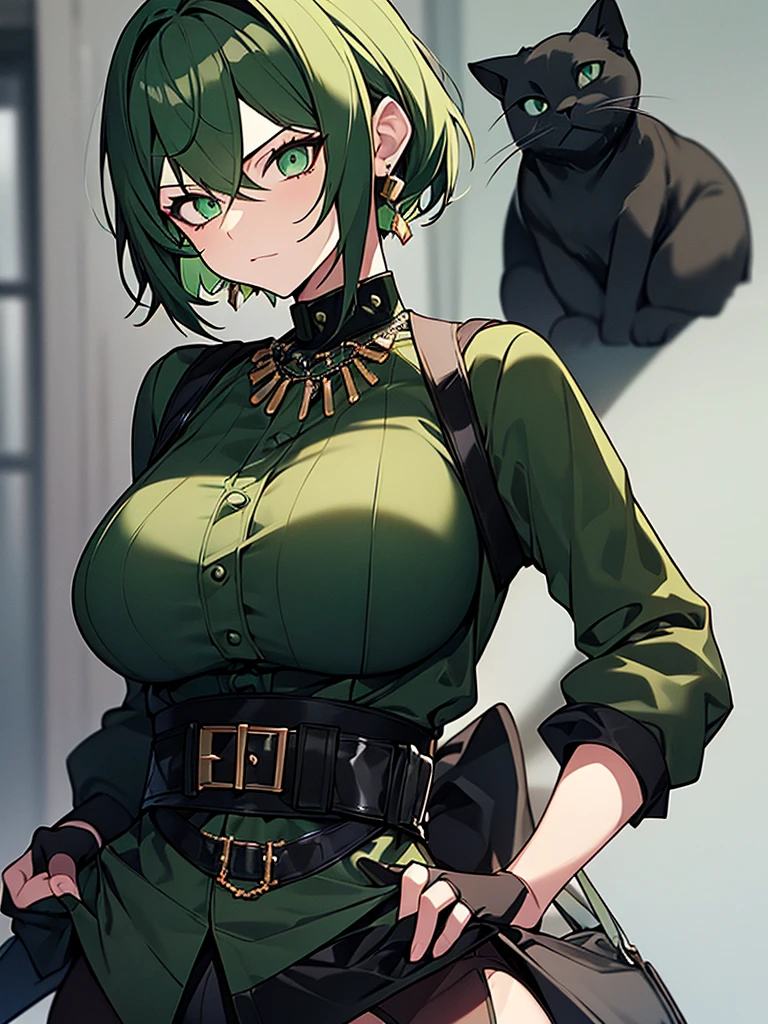 Medieval theme, girl young, green eyes, black short hair