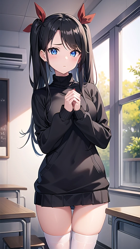 rintohsaka, rin tohsaka kyockcho, aqua eyes, (black hair:1.5), hair ribbon, long hair, ribbon, sidelocks, two side up, (parted bangs:1.5),
BREAK black skirt, black thighhighs, long sleeves, miniskirt, pleated skirt, (red sweater:1.5), skirt, sweater, thighhighs, turtleneck,
BREAK indoors, classroom,school,desk,tables,
BREAK looking at viewer,
BREAK (masterpiece:1.2), best quality, high resolution, unity 8k wallpaper, (illustration:0.8), (beautiful detailed eyes:1.6), extremely detailed face, perfect lighting, extremely detailed CG, (perfect hands, perfect anatomy),standing in classroom,long legs,upskirt,shows underwear,sexy underwear,panties,from below.