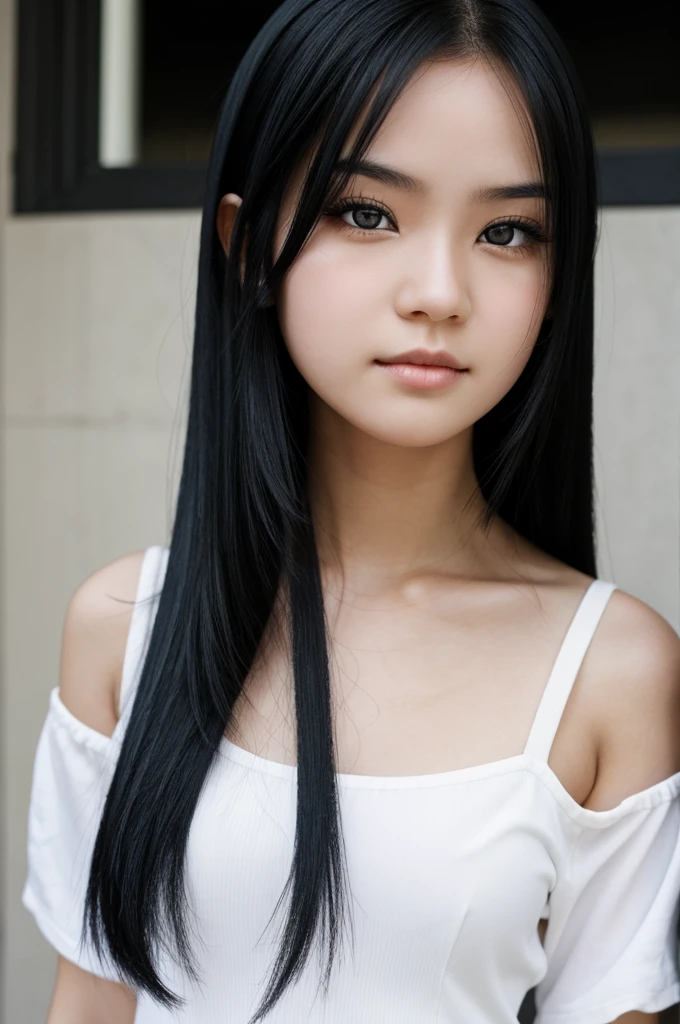A girl with white skin, white eyes, and long black hair.