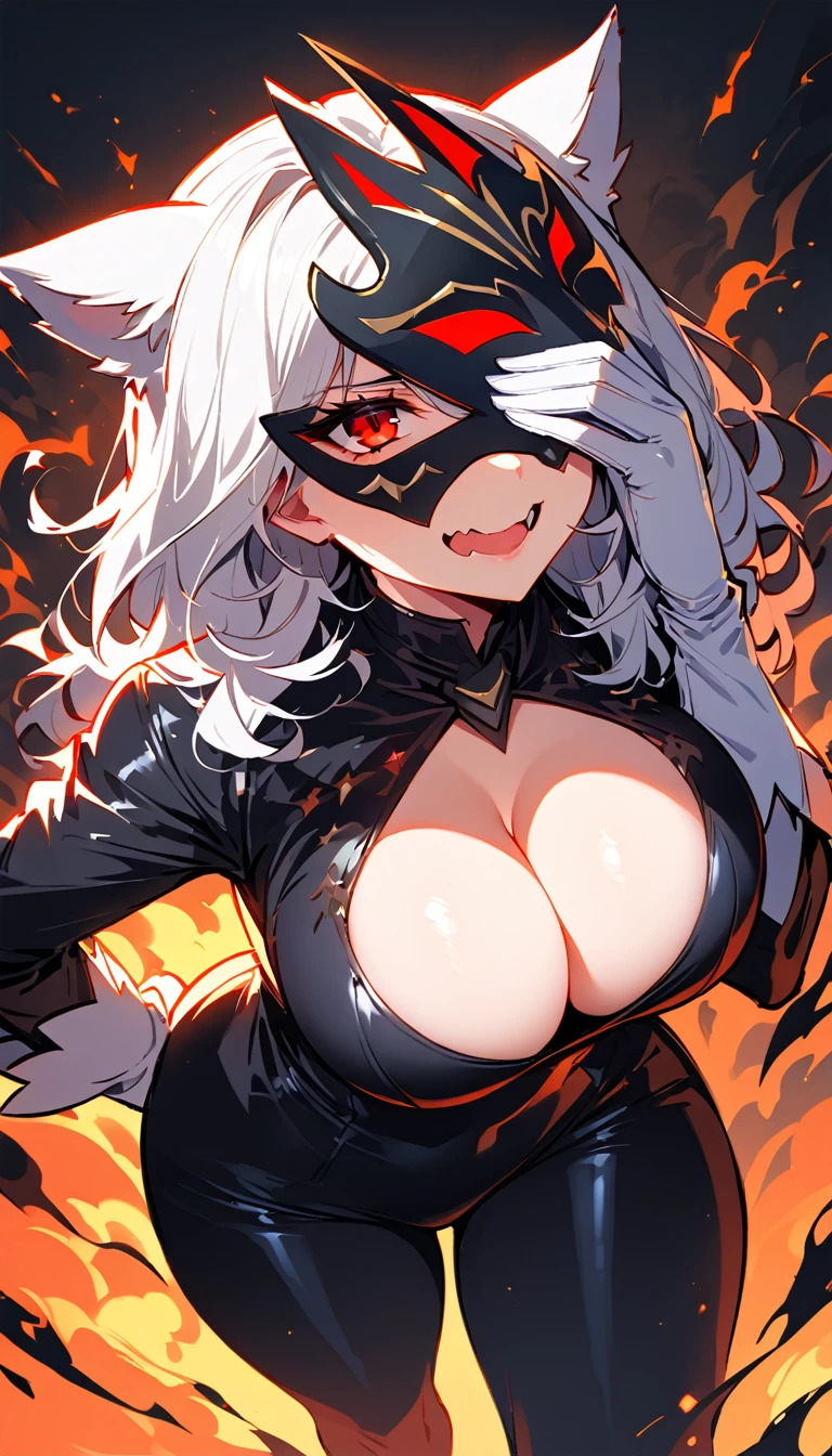 (high quality, 8k, 4K, high contrast, artwork:1.2, high quality, best aesthetics), (dynamic angle), ((1 woman)), erotic, sensual, mature body, super detailed, beautiful face detailed, detailed beautiful mouth, sexy body, perfect breats, perfect wide thighs, (long, wavy white hair), (black hero/villain mask covering the eyes), (black village mask with completely red eyes, cat ears and exposed mouth), (black bodysuit with cleavage on the breasts with white gloves and white fur details around the neckline and gloves), (sensual facial expression), (standing), (centered), (looking at the viewer)