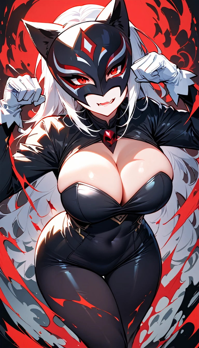 (high quality, 8k, 4K, high contrast, artwork:1.2, high quality, best aesthetics), (dynamic angle), ((1 woman)), erotic, sensual, mature body, super detailed, beautiful face detailed, detailed beautiful mouth, sexy body, perfect breats, perfect wide thighs, (long, wavy white hair), (black hero/villain mask covering the eyes), (black village mask with completely red eyes, cat ears and exposed mouth), (black bodysuit with cleavage on the breasts with white gloves and white fur details around the neckline and gloves), (sensual facial expression), (standing), (centered), (looking at the viewer)