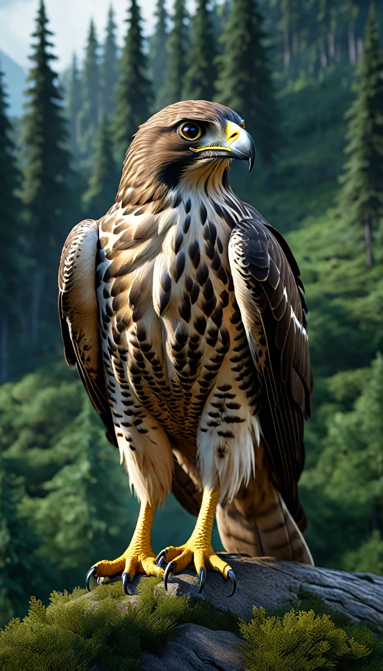 Mountains and forests,There is a kind of beast,It looks like a hawk but has human hands.(best quality,4K,8K,High level,masterpiece:1.2),Ultra Detailed,(lifelike,Photo real,Photo real:1.37),Highly detailed animals,Realistic lighting,Fantasy Creatures