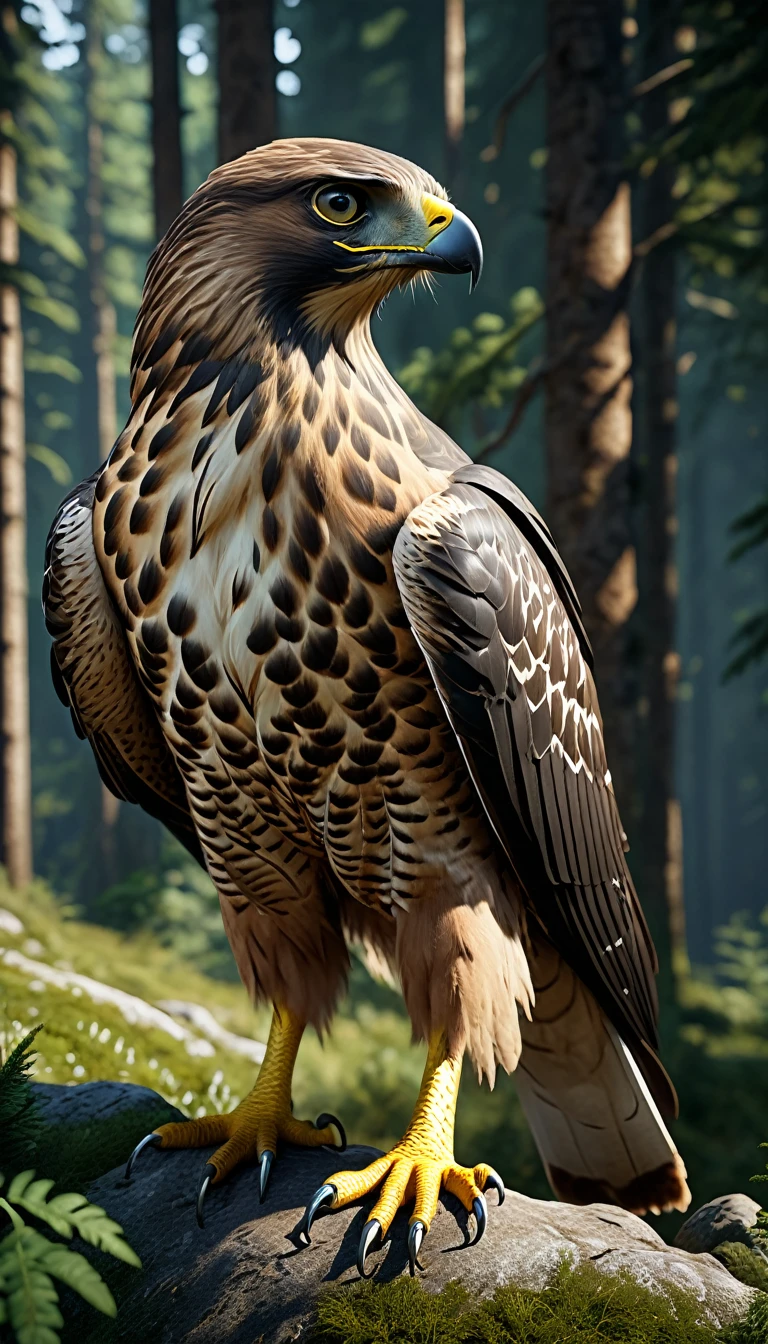 Mountains and forests,There is a kind of beast,It looks like a hawk but has human hands.(best quality,4K,8K,High level,masterpiece:1.2),Ultra Detailed,(lifelike,Photo real,Photo real:1.37),Highly detailed animals,Realistic lighting,Fantasy Creatures