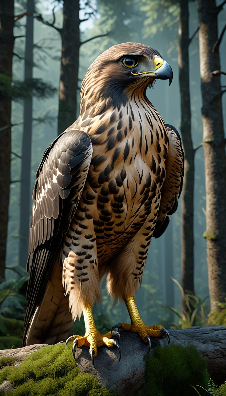 Mountains and forests,There is a kind of beast,It looks like a hawk but has human hands.(best quality,4K,8K,High level,masterpiece:1.2),Ultra Detailed,(lifelike,Photo real,Photo real:1.37),Highly detailed animals,Realistic lighting,Fantasy Creatures
