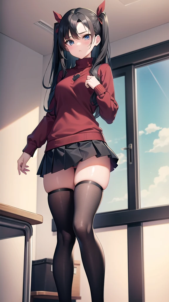 rintohsaka, rin tohsaka kyockcho, aqua eyes, (black hair:1.5), hair ribbon, long hair, ribbon, sidelocks, two side up, (parted bangs:1.5),
BREAK black skirt, black thighhighs, long sleeves, miniskirt, pleated skirt, (red sweater:1.5), skirt, sweater, thighhighs, turtleneck,
BREAK indoors, classroom,school,desk,tables,
BREAK looking at viewer,
BREAK (masterpiece:1.2), best quality, high resolution, unity 8k wallpaper, (illustration:0.8), (beautiful detailed eyes:1.6), extremely detailed face, perfect lighting, extremely detailed CG, (perfect hands, perfect anatomy),standing in classroom,long legs,upskirt,shows underwear,sexy underwear,panties,from below,full body shot.