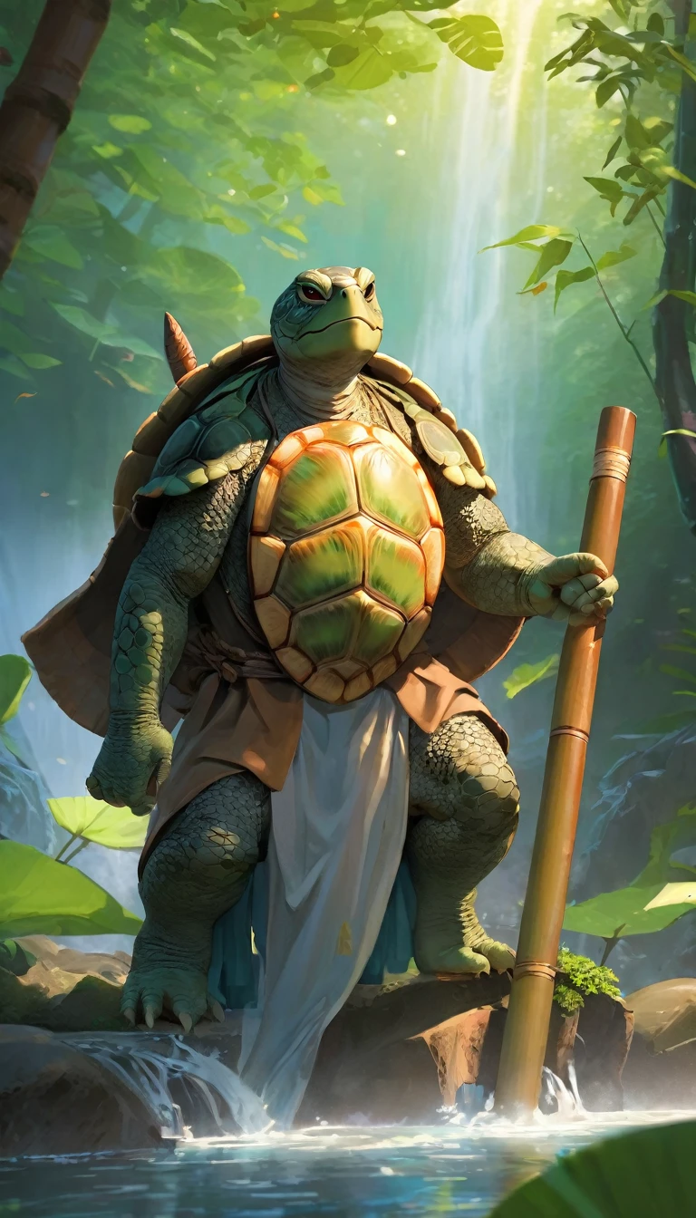 Personification of Turtle,White beard,Calm expression,Under the waterfall,Moonlight,Landscape tree,bamboo forest,Flowing River,(Tradition武术服饰),(Wooden stick),Surrounded by nature,balance,Peaceful atmosphere,Wise eyes、Weathered hands、A calm smile、Powerful energy、Hidden Strength、Fantastic Creatures、(iconic turtle shell)、Mysterious knowledge、Ancient Wisdom、Beyond time and space、Ethereal Light、Master of Nature、Keep a secret、Eternal existence、Immortal Guardian、Eternal Life。(best quality,4K,8K,high resolution,masterpiece:1.2),Extremely detailed,(Practical,photoPractical,photo-Practical:1.37), Human Development Report, Ultra HD, Studio Lighting, Ultra-fine painting, Clear focus, Physically Based Rendering, Extremely detailed的描述, professional, Bright colors, Bokeh art style: Concept Artist, Tradition, Fantasy artwork palette: earth colors, Bright green, Tranquil blues, warm brown, Gold accent lighting: Soft natural light, Soft shadows, Warm golden hour light