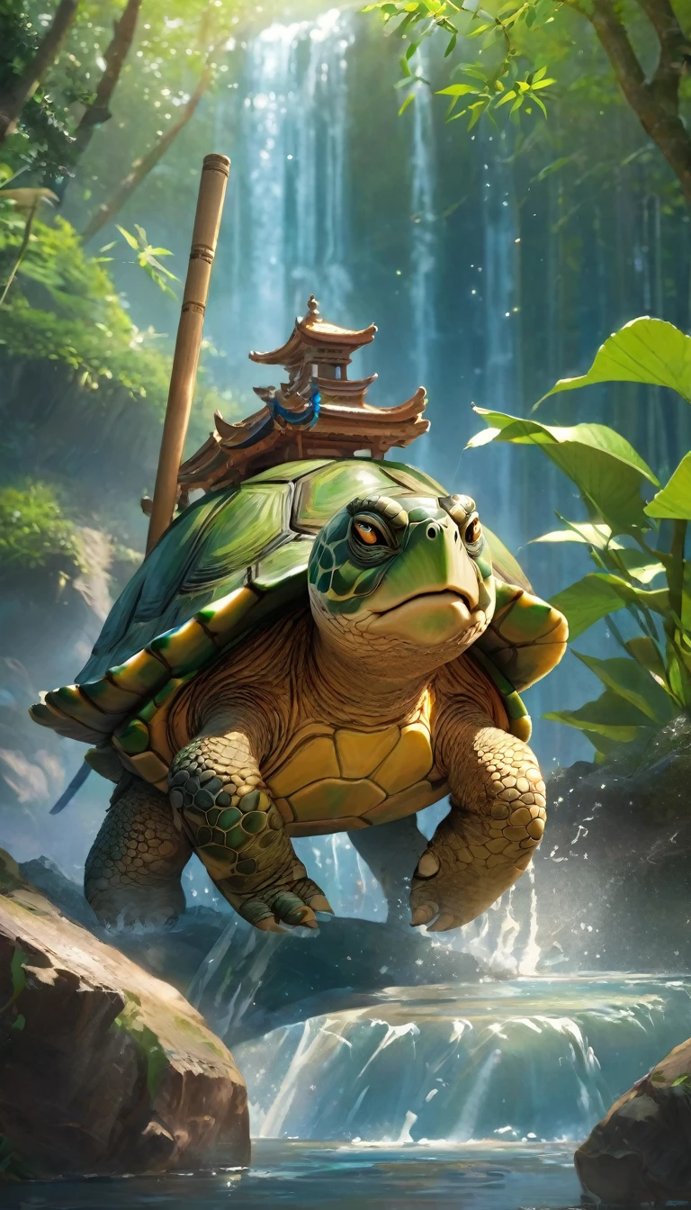 Personification of Turtle,White beard,Calm expression,Under the waterfall,Moonlight,Landscape tree,bamboo forest,Flowing River,(Tradition武术服饰),(Wooden stick),Surrounded by nature,balance,Peaceful atmosphere,Wise eyes、Weathered hands、A calm smile、Powerful energy、Hidden Strength、Fantastic Creatures、(iconic turtle shell)、Mysterious knowledge、Ancient Wisdom、Beyond time and space、Ethereal Light、Master of Nature、Keep a secret、Eternal existence、Immortal Guardian、Eternal Life。(best quality,4K,8K,high resolution,masterpiece:1.2),Extremely detailed,(Practical,photoPractical,photo-Practical:1.37), Human Development Report, Ultra HD, Studio Lighting, Ultra-fine painting, Clear focus, Physically Based Rendering, Extremely detailed的描述, professional, Bright colors, Bokeh art style: Concept Artist, Tradition, Fantasy artwork palette: earth colors, Bright green, Tranquil blues, warm brown, Gold accent lighting: Soft natural light, Soft shadows, Warm golden hour light
