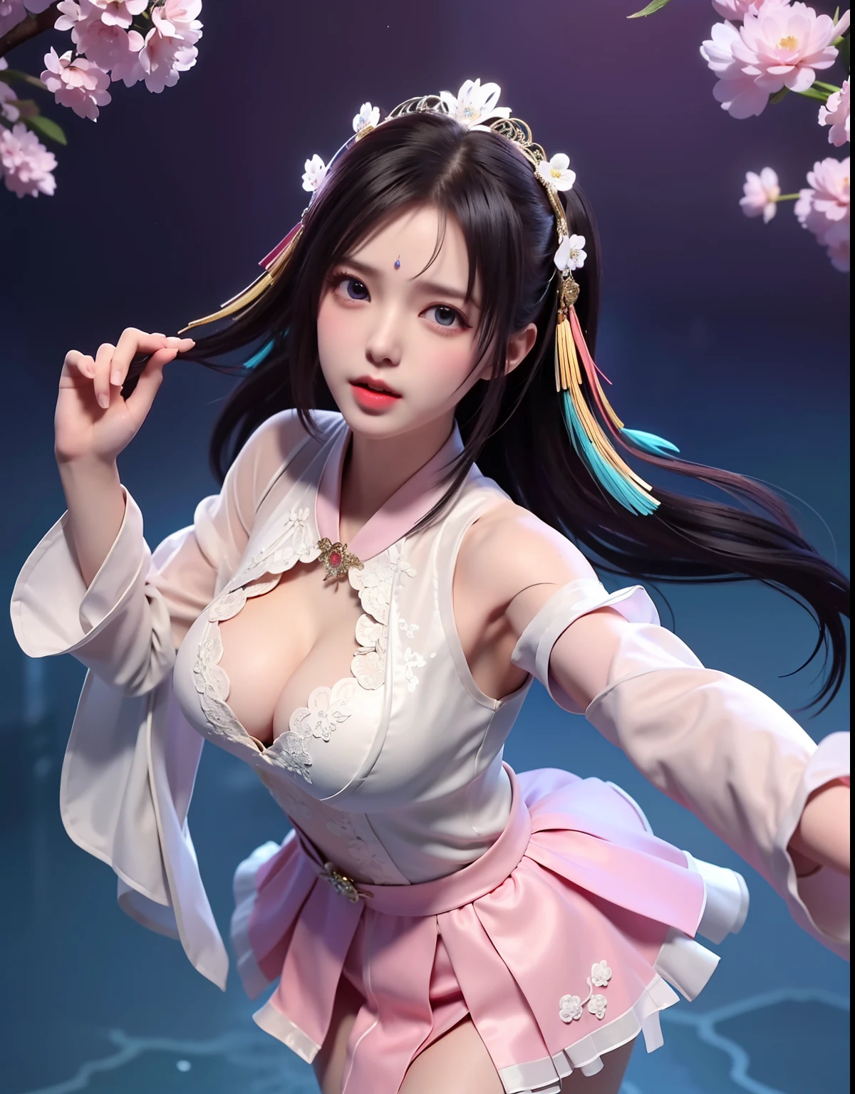 (8k, RAW photo:1.2), best quality, ultra high res,dramatic angle,(fluttered detailed color splashs), (illustration),(((1 girl))),(long hair),(rain:0.9), (Headdress:1.4),There is an ancient palace beside the girl,Hanfu,(Key Points),Color ink painting,(Splash of Color),Splash of Color,(((colorful))),(sketch:0.8) , Masterpiece, best quality, beautiful painted, highly detailed,(denoising:0.6),[splash ink],((ink refraction)), (beautiful detailed sky),moon,highly,detaild,(masterpiece, best quality, extremely detailed） CG Unity 8k Wallpaper，masterpiece，best quality，Ultra Detailed），（Lycoris）.shoulder ballet dress open V-chested clothes Thin silk lace dress short skirt , (huge ，cleavage),, white pink, blue ，best qualtiy，tmasterpiece，Ultra-high resolution，（Reality：1.4），RAW photogr，（True skin texture：1.3），（filmgrain：1.3），（Selfie angle），1个Giant Breast Girl，Beautiful eye and face details，tmasterpiece，Best quality at best，，The chest more exposed， detailed hair, bra pink , detail 8k, full body, lace petticoat, fan handle