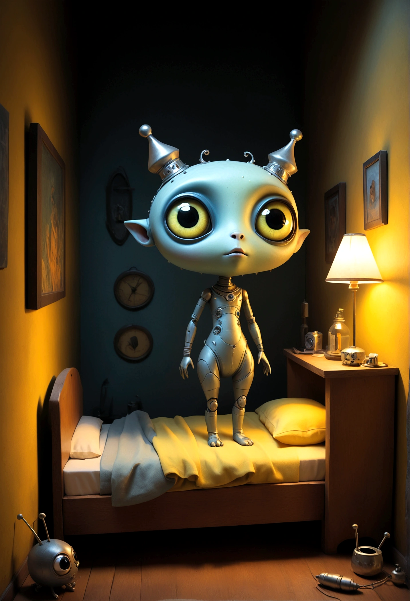 Digital Masterpiece by André Uhlisch Art, drawing inspiration from Chris Ryniak, Rebecca Sugar, and Andy Kehoe. An exploration of contrasting elements in a dystopian future. A spellbinding depiction of charming portrait adorable tiny doll performing alien autopsy inside bedroom, delicate face, large eyes, whimsical opulent costumes, casting long shadow puppet of cute wool sock monster on wall, delicate face, large eyes, whimsical, deep colors. naked girls, licking each other. These fiery ice blocks imprison an unusual and captivating sight. The creatures' bodies are adorned with striking yellow and black patterns, reminiscent of a bold, futuristic camouflage. With their heads crowned by radiant hats, they exude a whimsical, enchanting aura. They are surrounded Lurking in the shadows, grainy film noir, 1960s, cinematic,