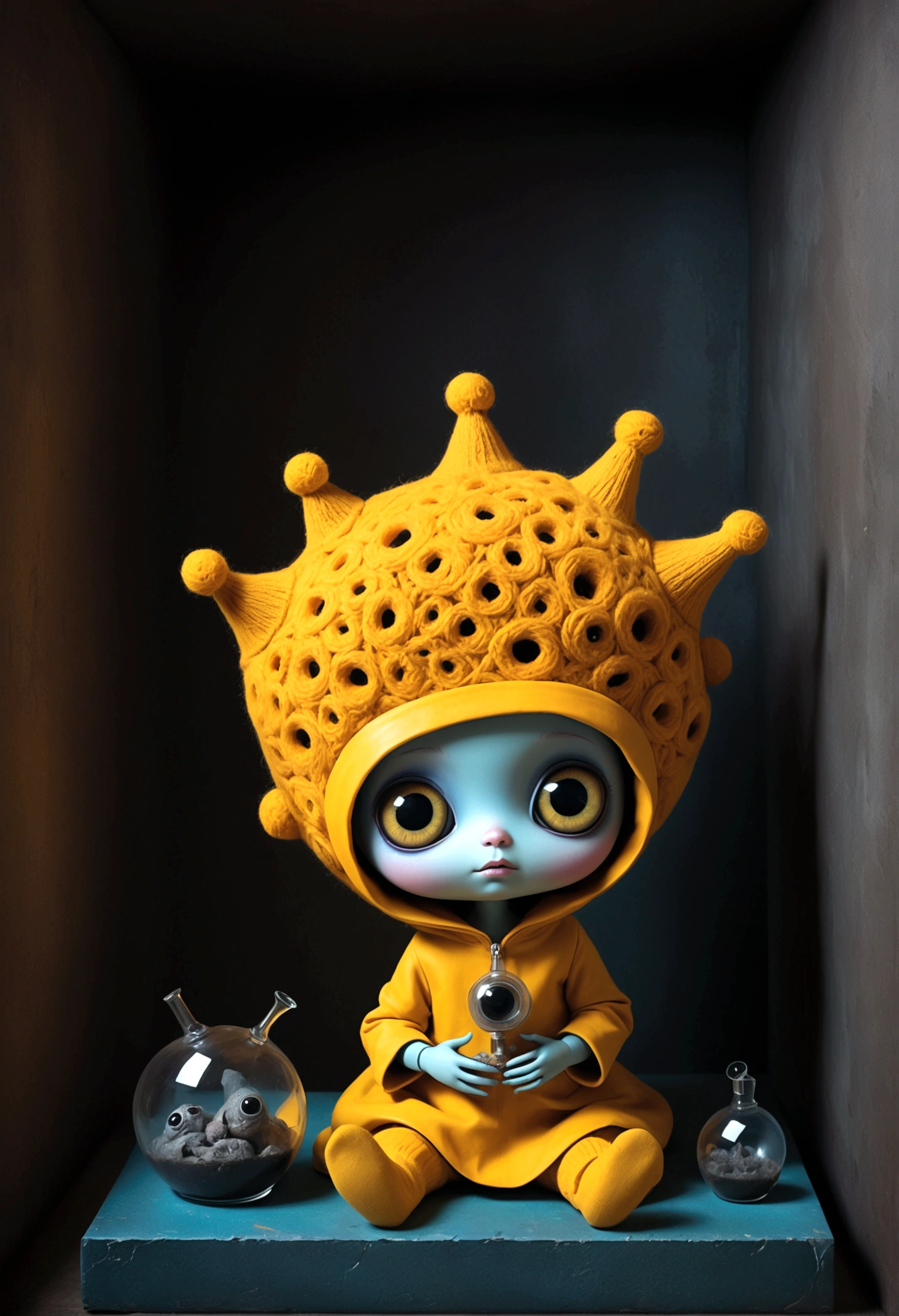 Digital Masterpiece by André Uhlisch Art, drawing inspiration from Chris Ryniak, Rebecca Sugar, and Andy Kehoe. An exploration of contrasting elements in a dystopian future. A spellbinding depiction of charming portrait adorable tiny doll performing alien autopsy inside bedroom, delicate face, large eyes, whimsical opulent costumes, casting long shadow puppet of cute wool sock monster on wall, delicate face, large eyes, whimsical, deep colors. naked girls, licking each other. These fiery ice blocks imprison an unusual and captivating sight. The creatures' bodies are adorned with striking yellow and black patterns, reminiscent of a bold, futuristic camouflage. With their heads crowned by radiant hats, they exude a whimsical, enchanting aura. They are surrounded Lurking in the shadows, grainy film noir, 1960s, cinematic, 