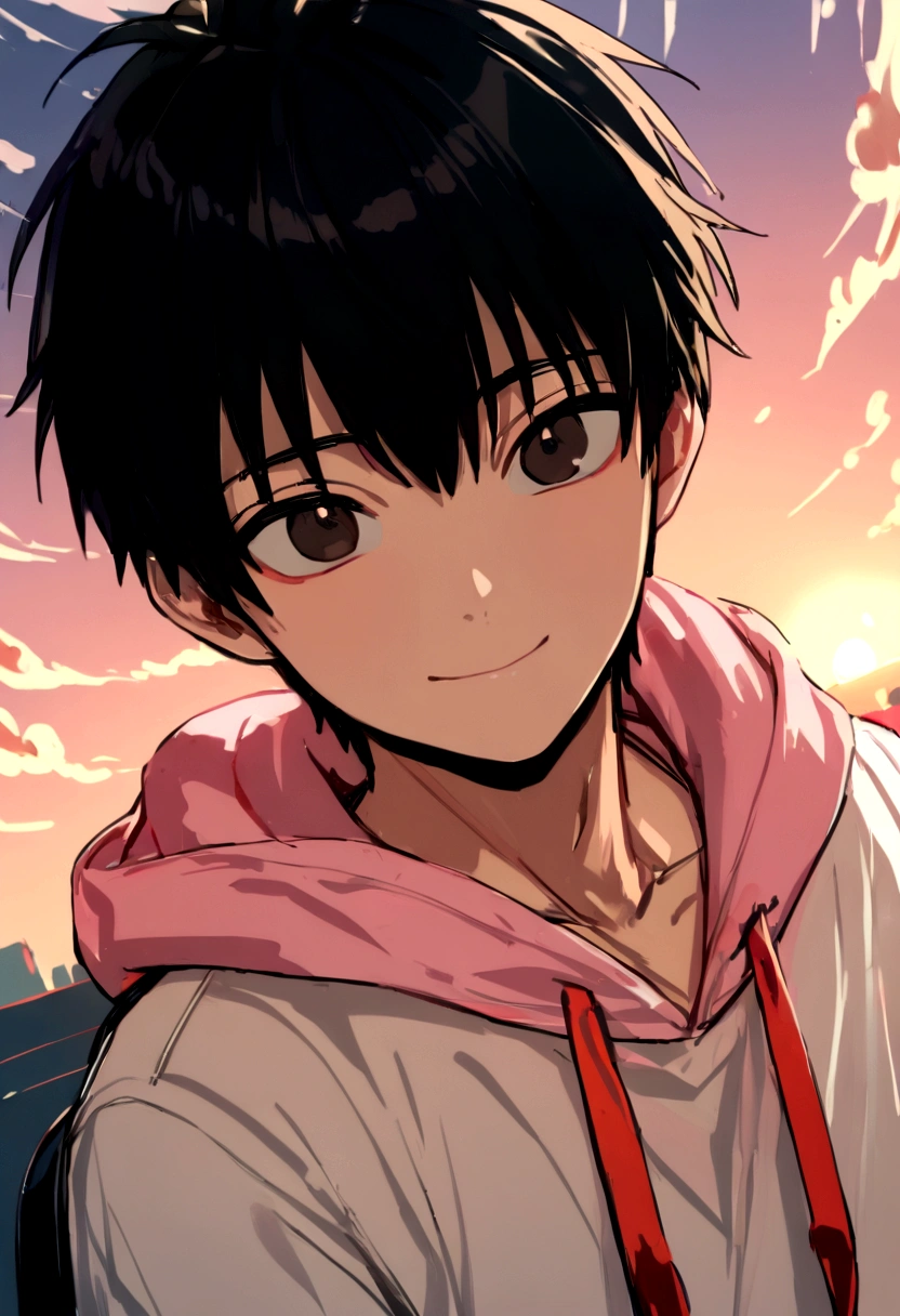 masterpiece, best quality, movie still, 1boy, cloud boy, floating in the sky, close-up, bright, happy, warm soft lighting, sunset, (sparks:0.7), (AS-Young:1.7), (1boy:1.8), (male focus:1.2), (cute:1.7) Shigeo Kageyama, Mob Psycho, looking at viewer, smiling, wearing a pink hoodie