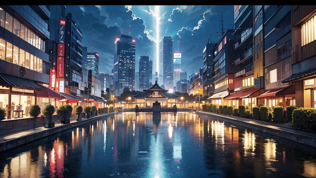 la acera en un distrito comercial, en japon, lluvioso, de noche, Hyperrealism, glowing light, ray tracing, backlighting, god rays, reflection light, Fujicolor, Canon, Fujifilm, Nikon, Wide-Angle, panorama, highres, best quality, award winning, high quality, high details, super detail, masterpiece, 16k, 8k