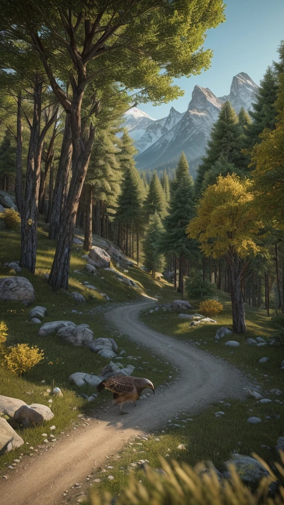 Mountains and forests，There is a kind of beast，It looks like a hawk but has human hands.(best quality，4K，8K，High level，masterpiece：1.2），Ultra Detailed，（lifelike，Photo real，Photo real：1.37），Highly detailed animals，Realistic lighting，Fantasy Creatures