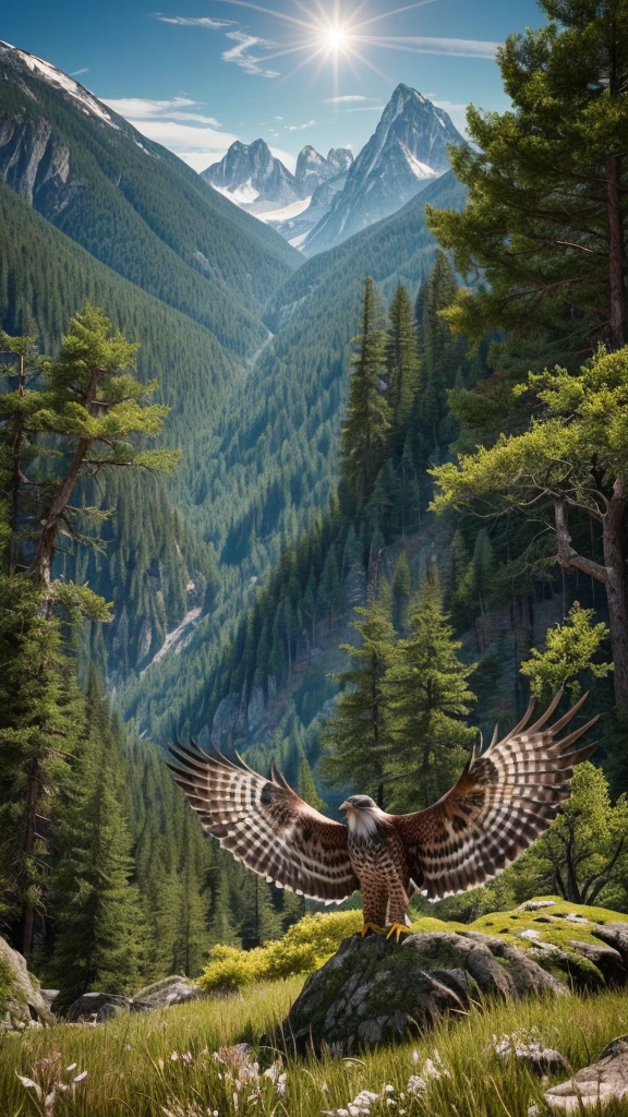 Mountains and forests，There is a kind of beast，It looks like a hawk but has human hands.(best quality，4K，8K，High level，masterpiece：1.2），Ultra Detailed，（lifelike，Photo real，Photo real：1.37），Highly detailed animals，Realistic lighting，Fantasy Creatures