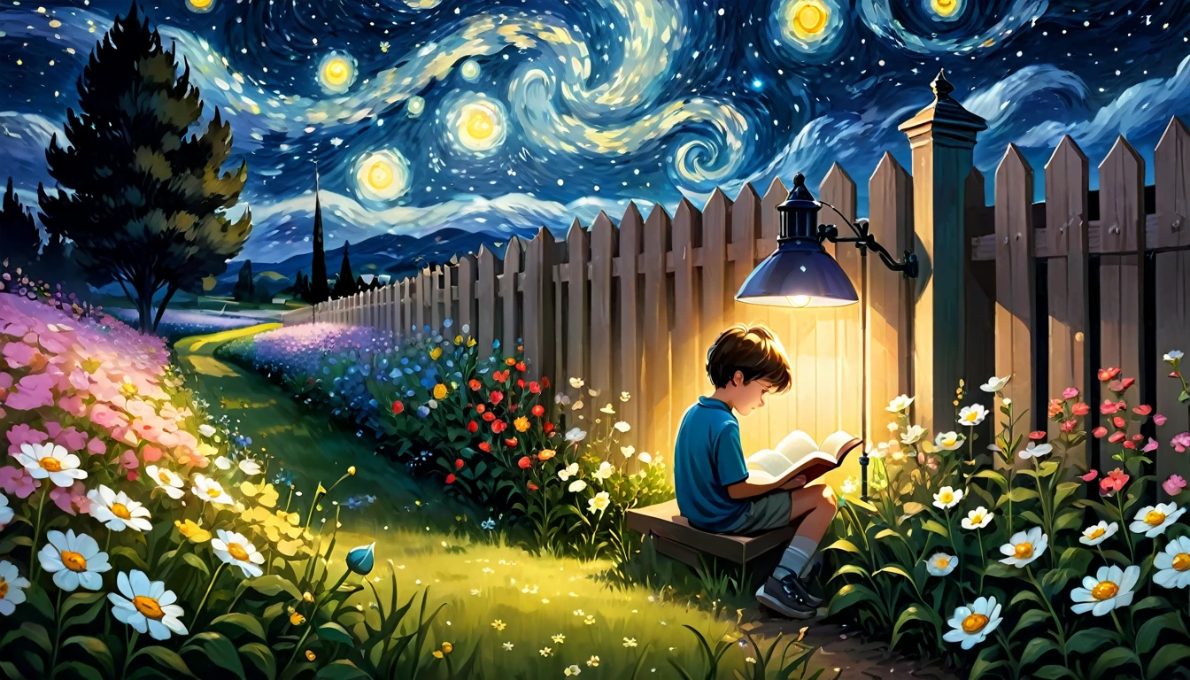 boy reading a book next to her lamp behind a fence in a flower field by the starry night
