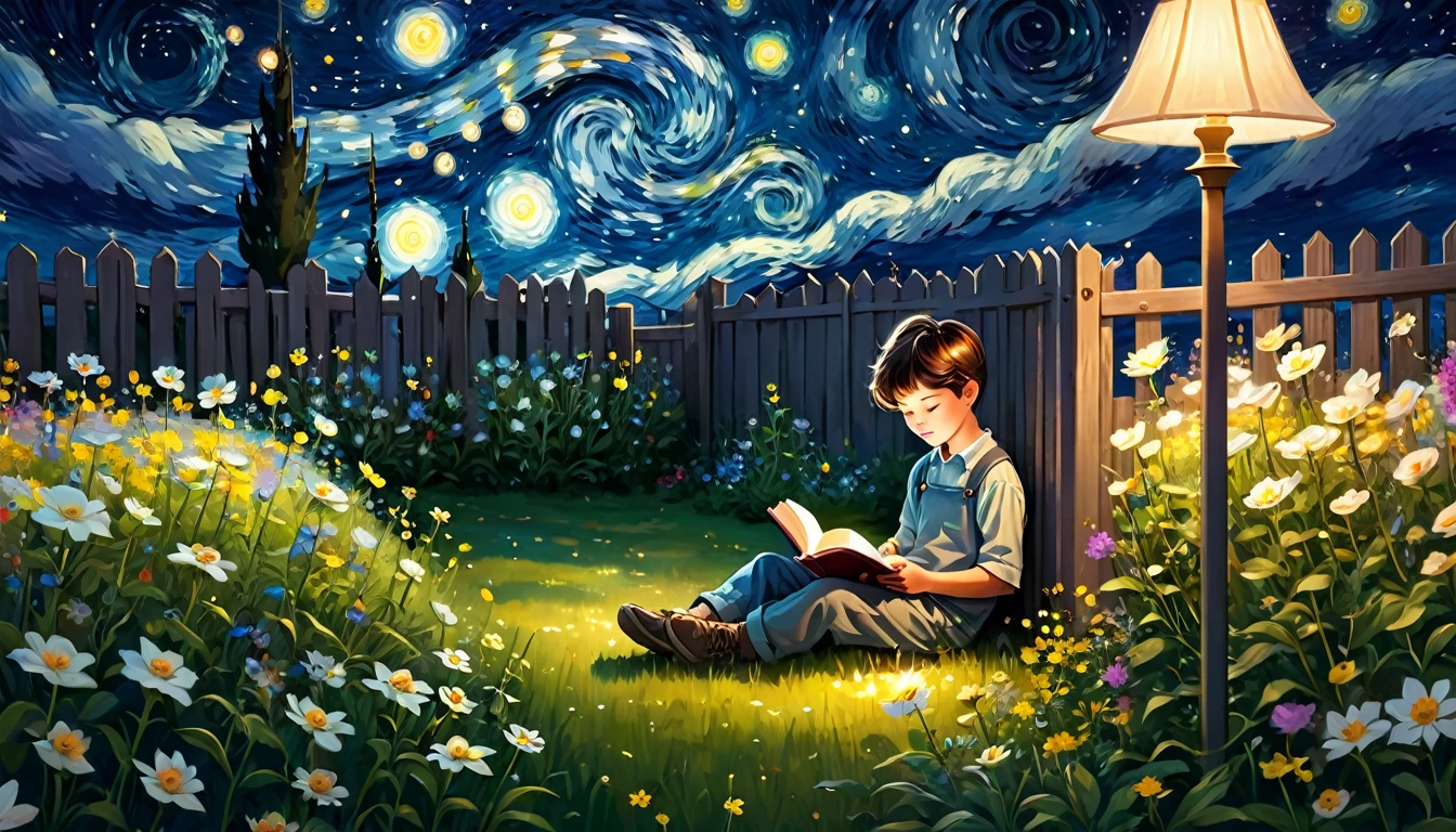 boy reading a book next to her lamp behind a fence in a flower field by the starry night