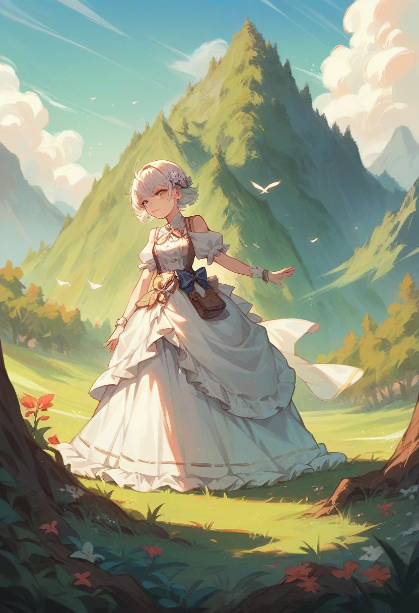 Woman dressed in white shining with sunny forest landscape