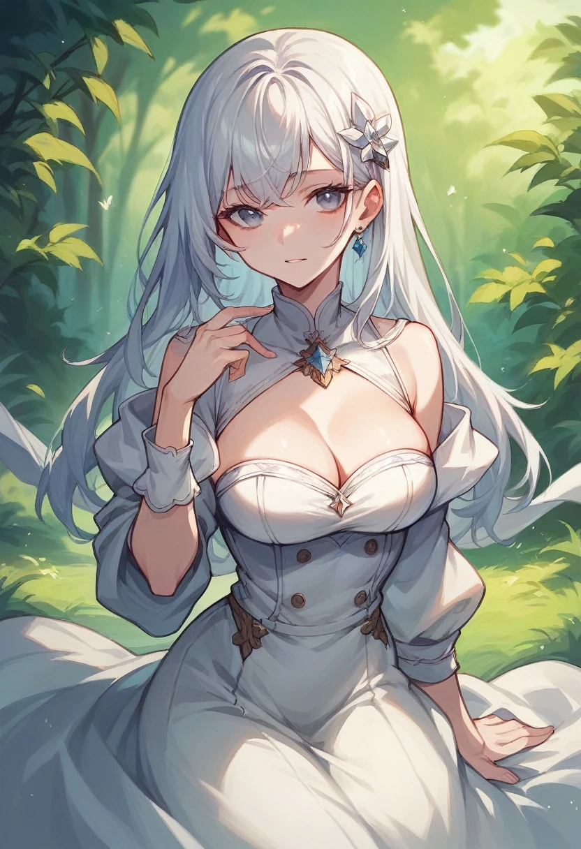 Woman dressed in white shining with sunny forest landscape