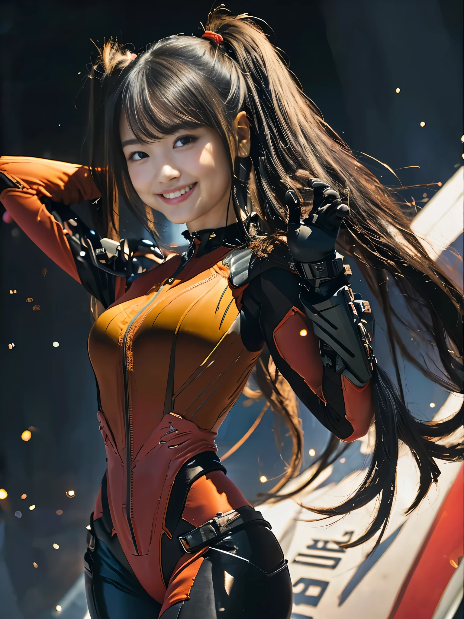 (8K、Raw photography、Highest quality、masterpiece:1.2),(Black Hair、Dark Eyes:1.9),(Plug Suit:1.6)、View your viewers,Front view,White skin,(Short pigtails:1.4)、(Tight waist:1.6)、(Clothes that accentuate the shape of the breasts:1.0)、(Big Breasts :1.3)、Slim figure、Ultra-high resolution,beautiful,beautiful fece,(One person、No background:1.9),whole bodyボディー,Japanese women,(reality的:1.37)、Photon Mapping,reality、(Baby-faced and cute: 1.4)、(Cute Smile: 1.8)、(Round face: 1.8)、Radio City、Physically Based Rendering、Depth of field rally background、photograph, (I can see your knees、Thigh close-up:1.8),(:1.6),whole body、Great quality