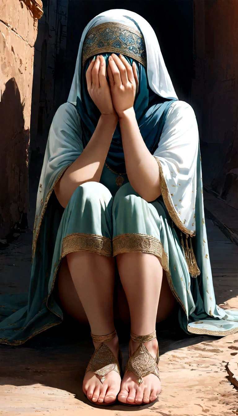 crying girl sitting on the side of the road, her hands covering her face and eyes, her face not visible, her expression sad. wearing a hijab, polite Islamic clothing covering all her legs, no nude. realistic, vector art, full body, perfect finger details