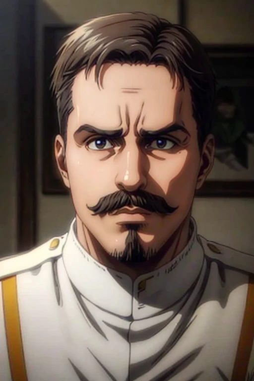 50 years old man, brown hair combed up, goatee and mustache, eyes black, serious expression, White military uniform, Marley, liberia