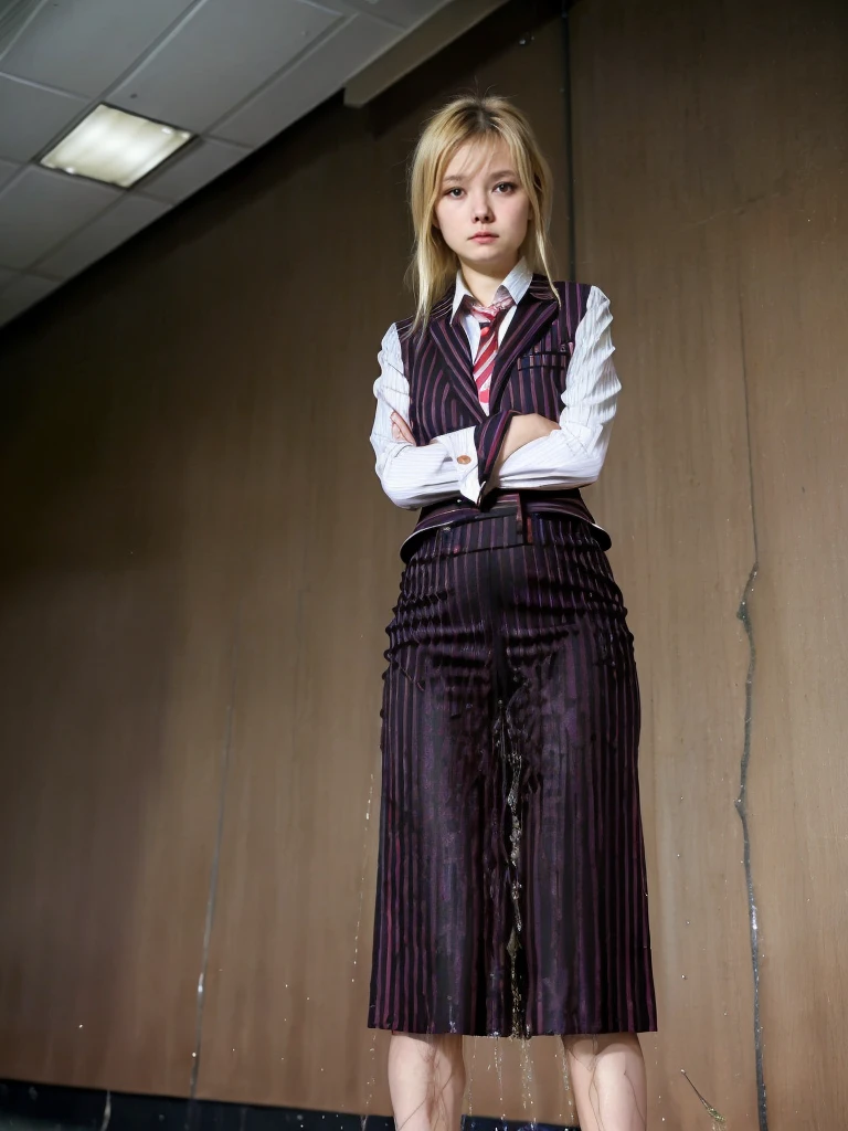 (masutepiece,High quality,16k:1.1),(depth of fields:1.3) ,((front body:1.35)), Ukrainian ,Woman, blonde,makeup,((business suit, black vertical striped pencil skirt )), ,(arms crossed:1.5) (wetting herself:1.5), (desperation:1.75),standing ,necktie peeing self, wetting her clothes normal legs