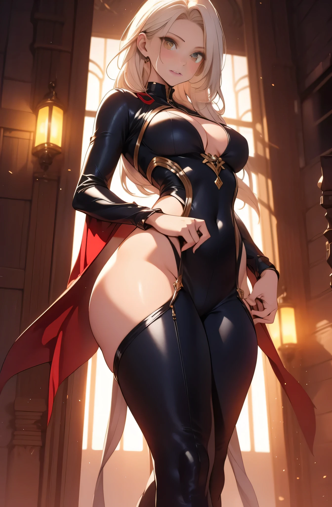 female, solo, young, sexy body, voluptuous figure, tightsuit, white hair, decolored blonde hair, has 2 hand crossbows, rogue assasin, beautifull face, long hair, defined body, yellow and bright eyes, thick legs, strong legs, tall, Voluptuous legs, huge ass, big hip, big ass, female ranger, blue and black robes, rogue mask, small breasts,