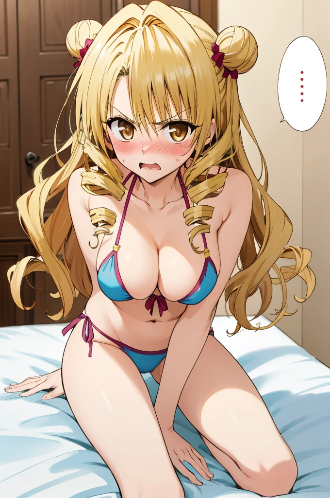 masterpiece, best quality, highres, 1girl, solo, long hair, blonde hair, double bun, drill hair, brown eyes, ,bikini,big breasts,angry,,blush,looking viewer,my room,