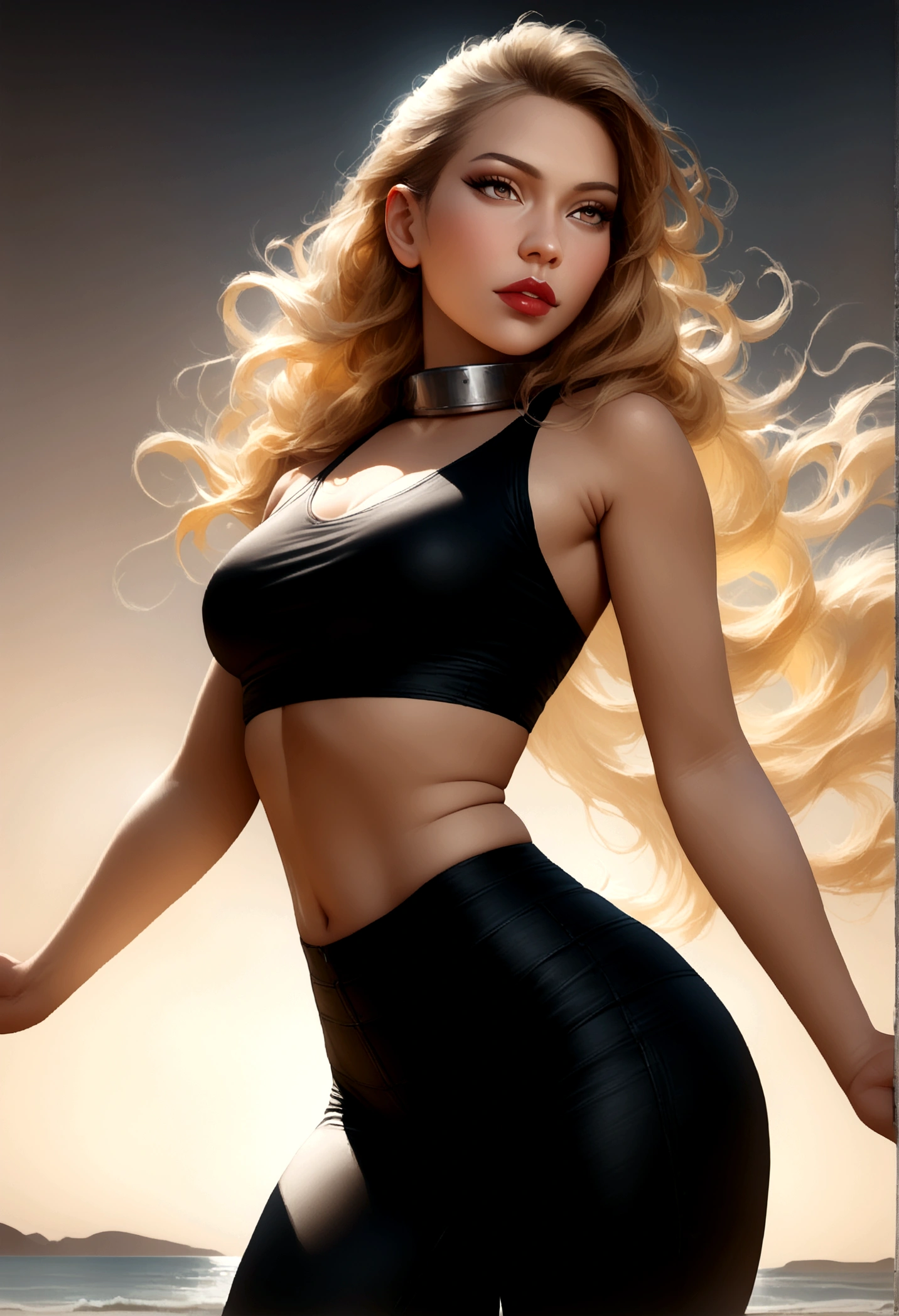 beautiful blonde woman wearing yoga cargo pants, yoga crop top, (best quality,highres,realistic:1.37), (best quality,4k,8k,highres,masterpiece:1.2),ultra-detailed,realistic,professional, , massive metal collar, sexy,beautiful detailed eyes,beautiful detailed lips,long eyelashes,radiant skin,flowing hair, sensual expression,gorgeous makeup, feminine silhouette,soft lighting,vivid colors, doing yoga by the beach