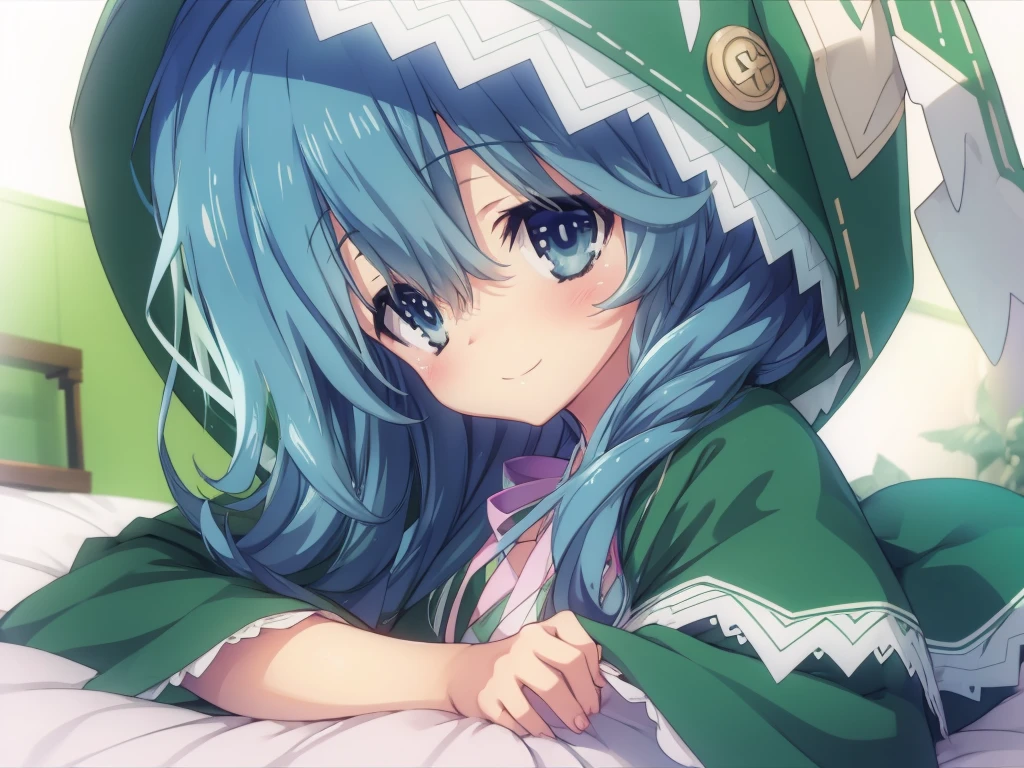 Yoshino Himekawa,Lying down,View your viewers,Blushing,smile,Green hood, rabbit hood,bed,white background