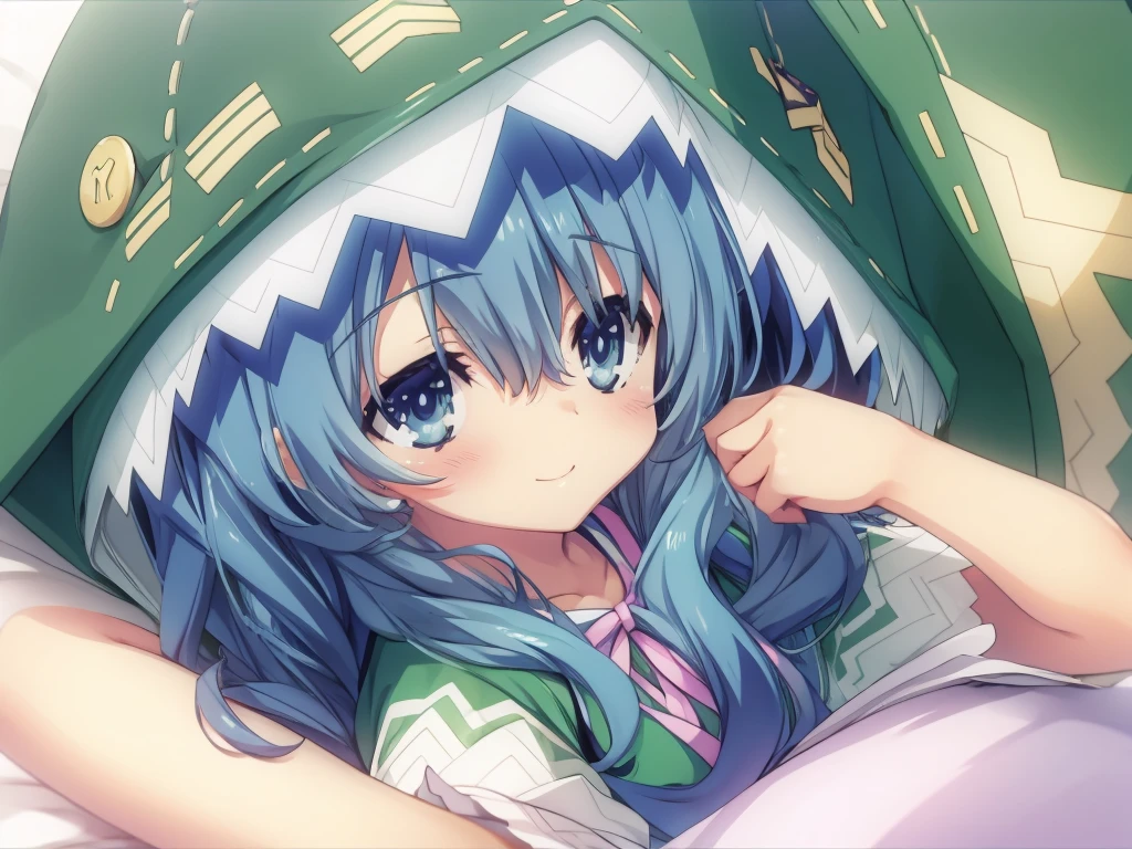 Yoshino Himekawa,Lying down,View your viewers,Blushing,smile,Green hood, rabbit hood,bed,white background