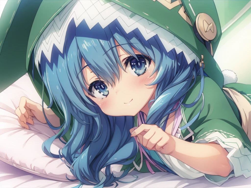 Yoshino Himekawa,Lying down,View your viewers,Blushing,smile,Green hood, rabbit hood,bed,white background