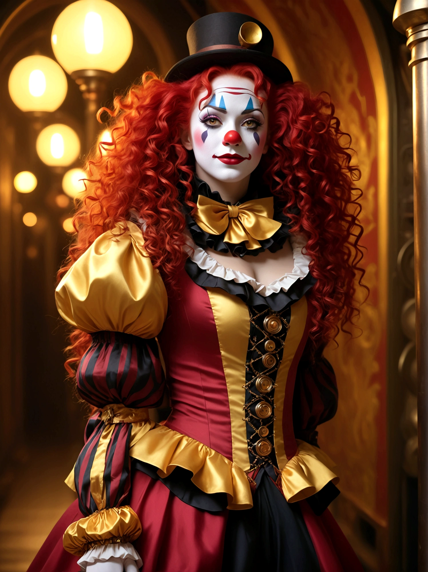 a woman dressed as a clown with long red curly hair, magical girl style, colorful moebius pattern, light yellow and dark crimson color palette, steampunk aesthetic, Kintsukuroi (gold-repaired) elements, loose and flowing costume, stylish and detailed costume design, (best quality,4k,8k,highres,masterpiece:1.2),ultra-detailed,(realistic,photorealistic,photo-realistic:1.37),intricate details,highly elaborate,vibrant colors,dramatic lighting,cinematic composition