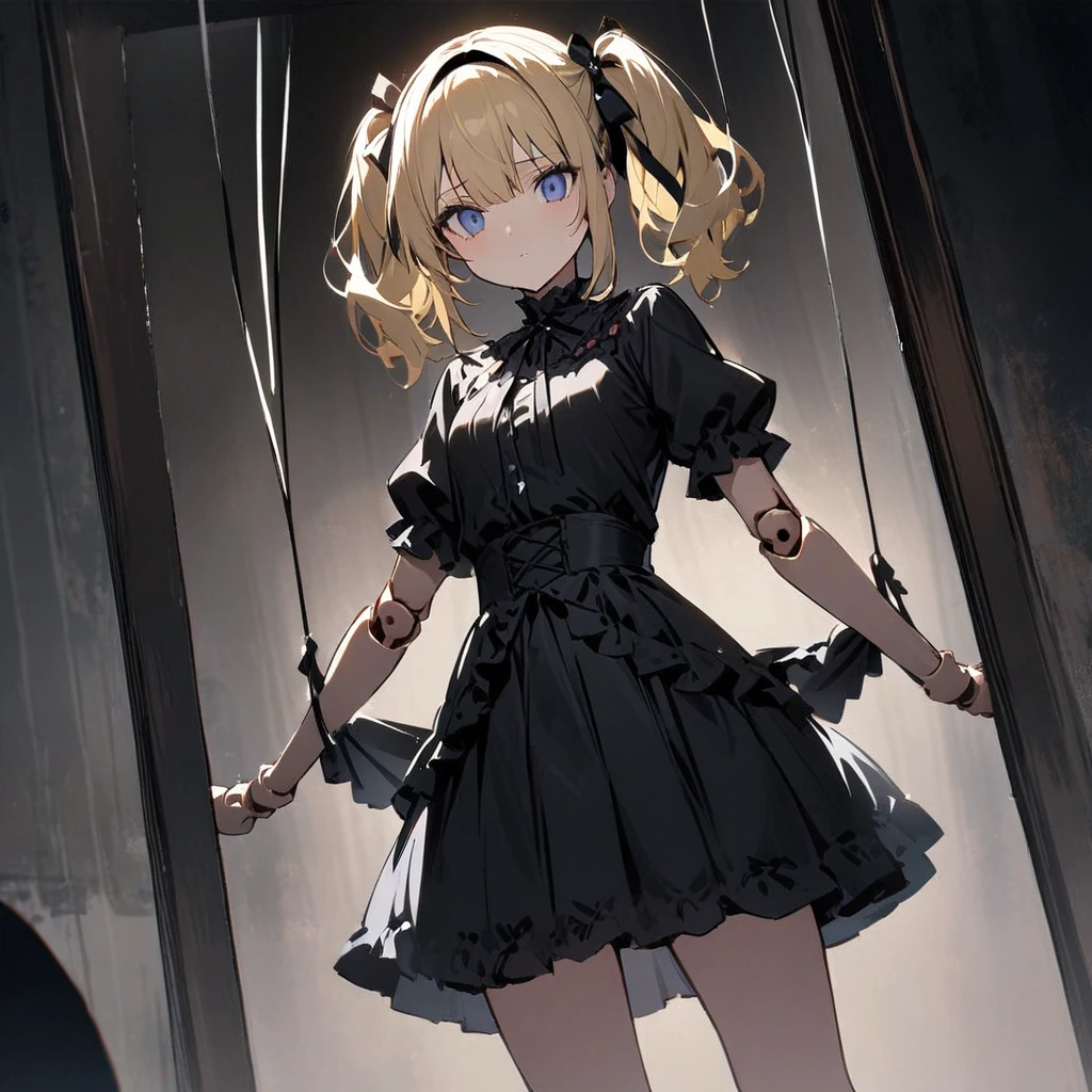 Highest quality,masterpiece,One girl,alone,光と闇,Suspend,Beautiful Eyes, blue, Blonde, Twin tails,Beautiful Face,Cowboy Shot,Expressionless,Hanging by a thread,whole body,Are standing,suspension,Hollow,Doll joints,Short sleeve,skirt,Tilt your head,Outstretched arms,Gothic Fashion、Headband,ribbon,Looking through the mirror
