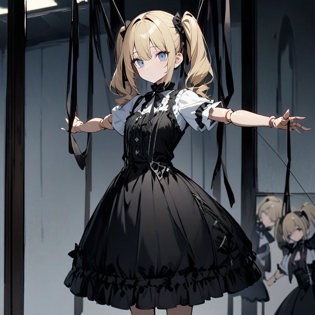 Highest quality,masterpiece,One girl,alone,光と闇,Suspend,Beautiful Eyes, blue, Blonde, Twin tails,Beautiful Face,Cowboy Shot,Expressionless,Hanging by a thread,whole body,Are standing,suspension,Hollow,Doll joints,Short sleeve,skirt,Tilt your head,Outstretched arms,Gothic ta Fashion、Headband,ribbon,Looking through the mirror