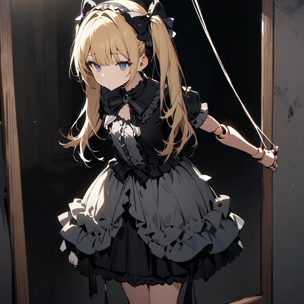 Highest quality,masterpiece,One girl,alone,光と闇,Suspend,Beautiful Eyes, blue, Blonde, Twin tails,Beautiful Face,Cowboy Shot,Expressionless,Hanging by a thread,whole body,Are standing,suspension,Hollow,Doll joints,Short sleeve,skirt,Tilt your head,Outstretched arms,Gothic Lolita Fashion、Headband,ribbon,Looking through the mirror