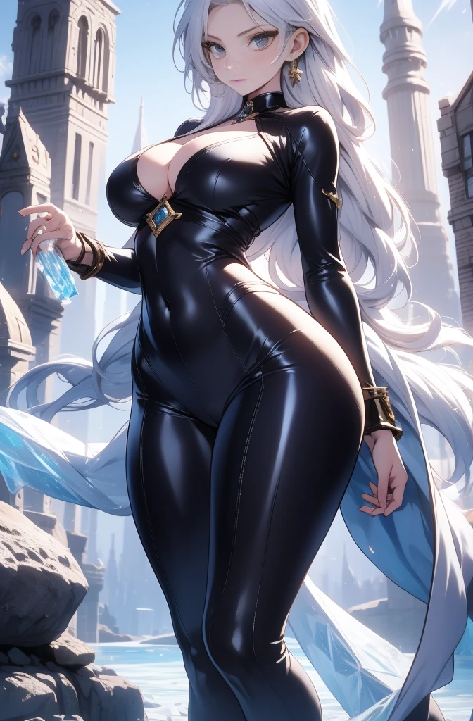 female, solo, young, sexy body, voluptuous figure, tightsuit, white hair, decolored blonde hair, ice effects around, ice queen, beautifull face, long hair, defined body, yellow and bright eyes, thick legs, strong legs, tall, Voluptuous legs, huge ass, big hip, big ass, female sorcerer, blue and black robes,