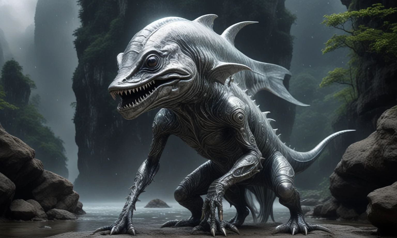 Mysterious Chitinous Exo Canine, Multipedal Armless, Webbed Appendages, Bifurcated-Tailed Bushy-Tailed, Slick Skin, Pointed Ears, CoralReef