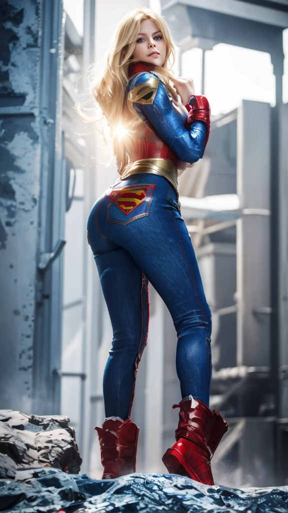 The character Supergirl, extremely beautiful face, perfect red and blue costume, denim style, extremely beautiful blue eyes, perfect blond hair, smooth curves, perfect hands and fingers