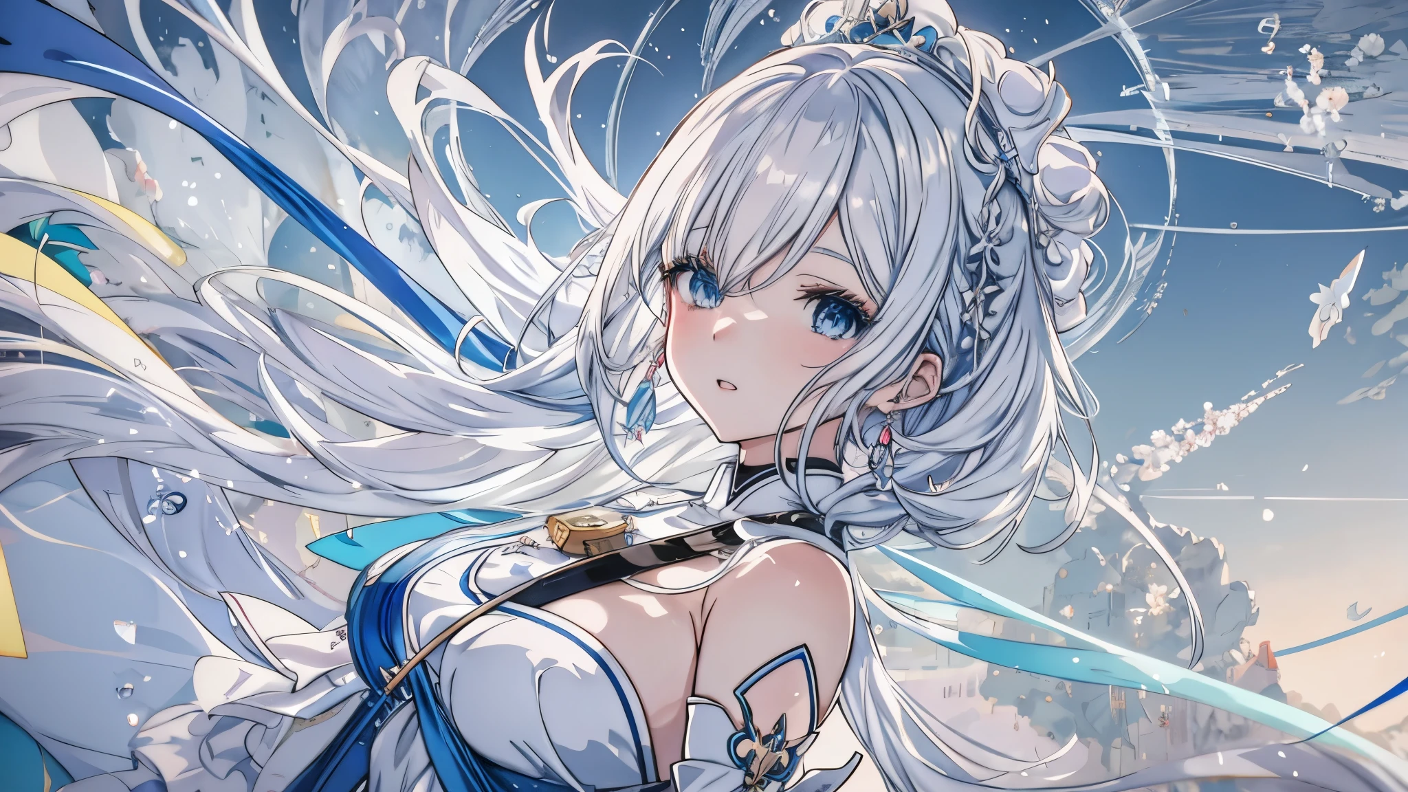 Anime girl with white hair and blue eyes in a white dress, Anime Art Wallpaper 8K, Anime Art Wallpaper 4K, Anime Art Wallpaper 4K, Detailed anime art digital, beautiful fantasy anime, anime fantasy illustration, Beautiful anime artwork, 4K anime style, Anime fantasy artwork, Beautiful anime art, Detailed anime art, Anime Wallpaper 4k, anime wallpapers 4k