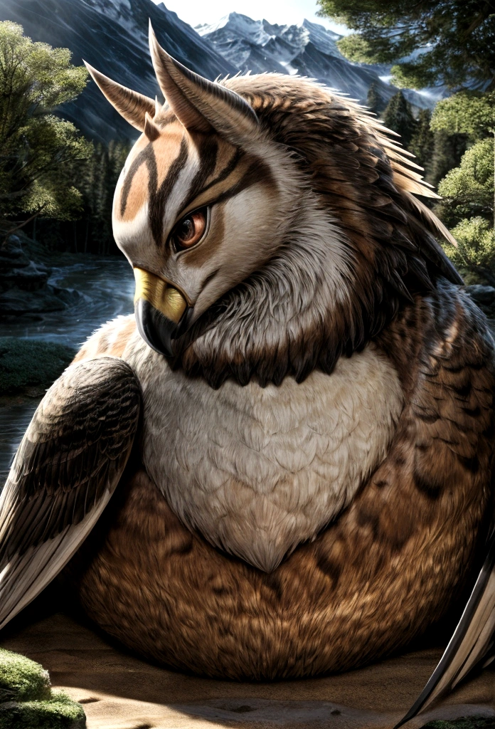 Mountains and forests,There is a kind of beast,It looks like a hawk but has human hands.(best quality,4K,8K,High level,masterpiece:1.2),Ultra Detailed,(lifelike,Photo real,Photo real:1.37),Highly detailed animals,Realistic lighting,Fantasy Creatures