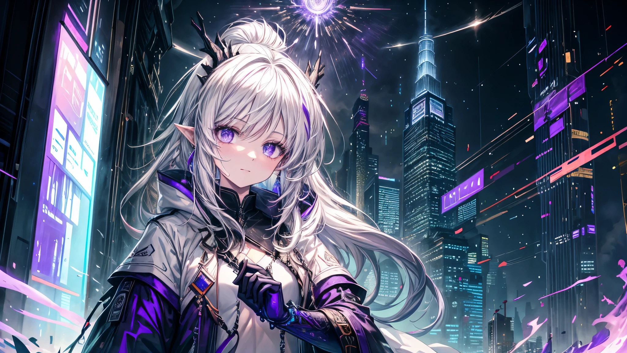 "In the bustling atmosphere of a modern fantasy city, A young woman with long white hair moves forward with a presence that mixes the enigmatic and the contemporary. Her deep purple eyes shine with an intensity that contrasts with the luminosity of her hair.. Small horns poke elegantly from his head, while their human ears add a touch of familiarity to their unique look. Ataviada con ropa urbana que refleja su estilo distintivo, lleva una chaqueta negra que agrega un aire de misterio a su apariencia. Con manos desnudas y un aire de confianza en su paso, camina por las calles llenas de vida, where skyscrapers and holographic advertisements form a stunning backdrop. In this scenario of contrasts and technological wonders, Your protagonist embodies the union between the fantastic and the modern as he explores with curiosity the city full of opportunities and secrets.