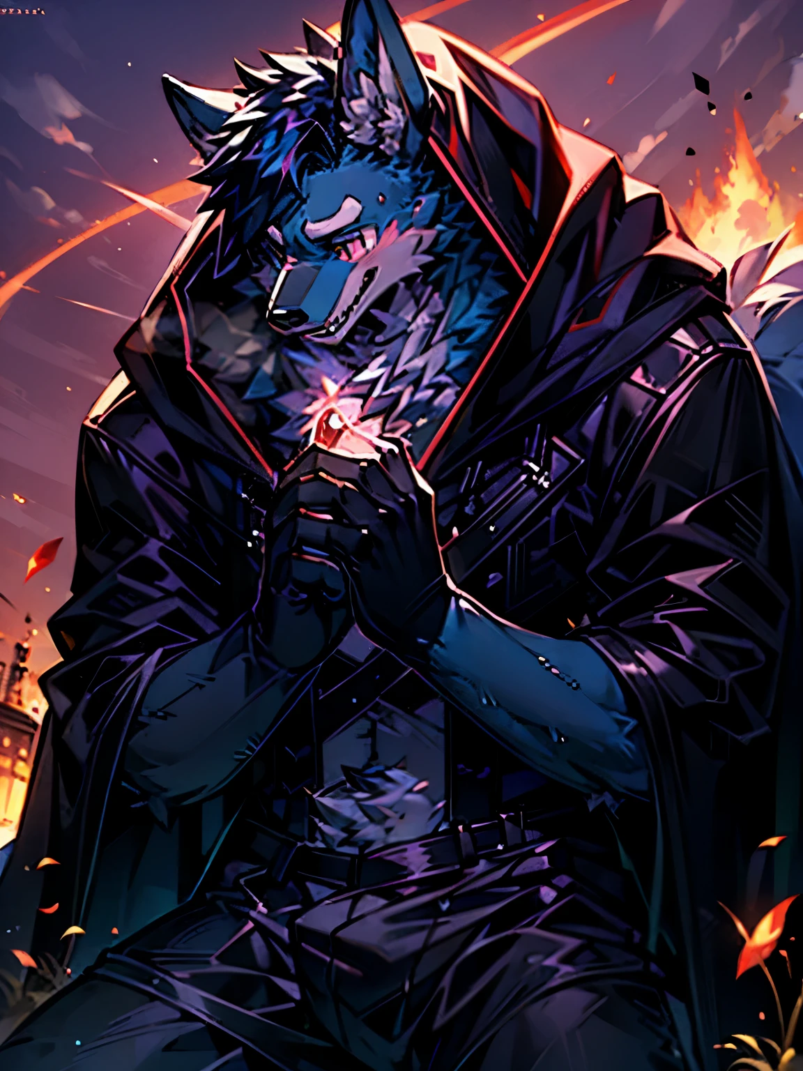 Black-haired male wolf orc,Wearing a black long coat of the same color as the fur,With black hood,Black ears not covered by the hood,Relatively lighter hair color,Messy hair,Eyes are red,Wearing red gloves on the bottom and black gloves on the top,Looking forward with determination,A long black and red blade is held tightly in the right hand.。A doomsday city under a red sky